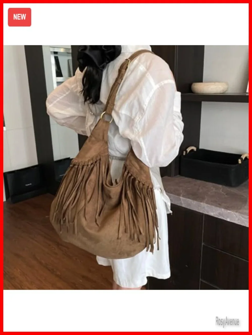 Vintage Suede Fringe Hobo Bag Crossbody Shoulder Purse Tote
